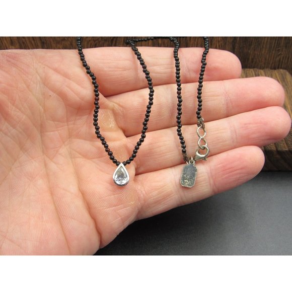 16 Inch Sterling Silver Black Beaded Pear Cubic Zirconia Necklace - Picture 2 of 6